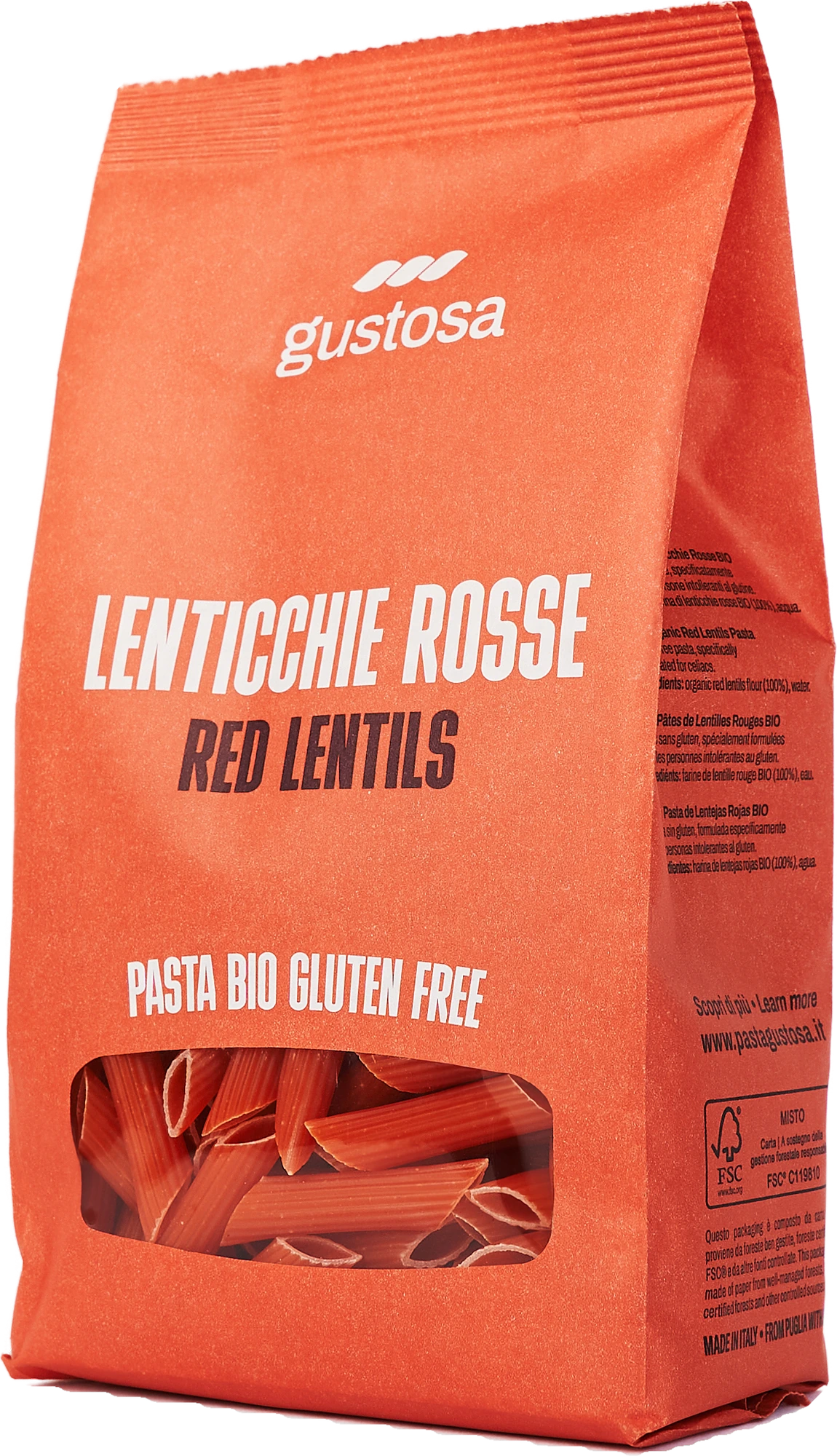 Pasta di Lenticchie Rosse Bio senza glutine, pacco da 340 g visto di tre quarti