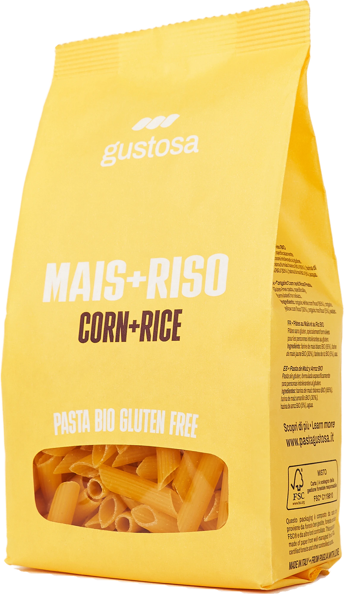 Pasta di Mais e Riso Bio senza glutine, pacco da 340 g visto di tre quarti