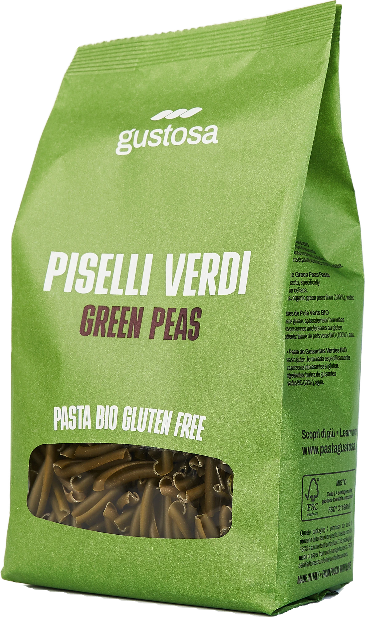 Pasta di Piselli Verdi Bio senza glutine, pacco da 340 g visto di tre quarti