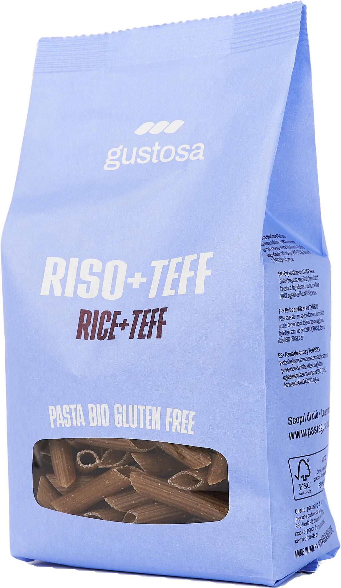 Pasta di Riso e Teff Bio senza glutine, pacco da 340 g visto di tre quarti