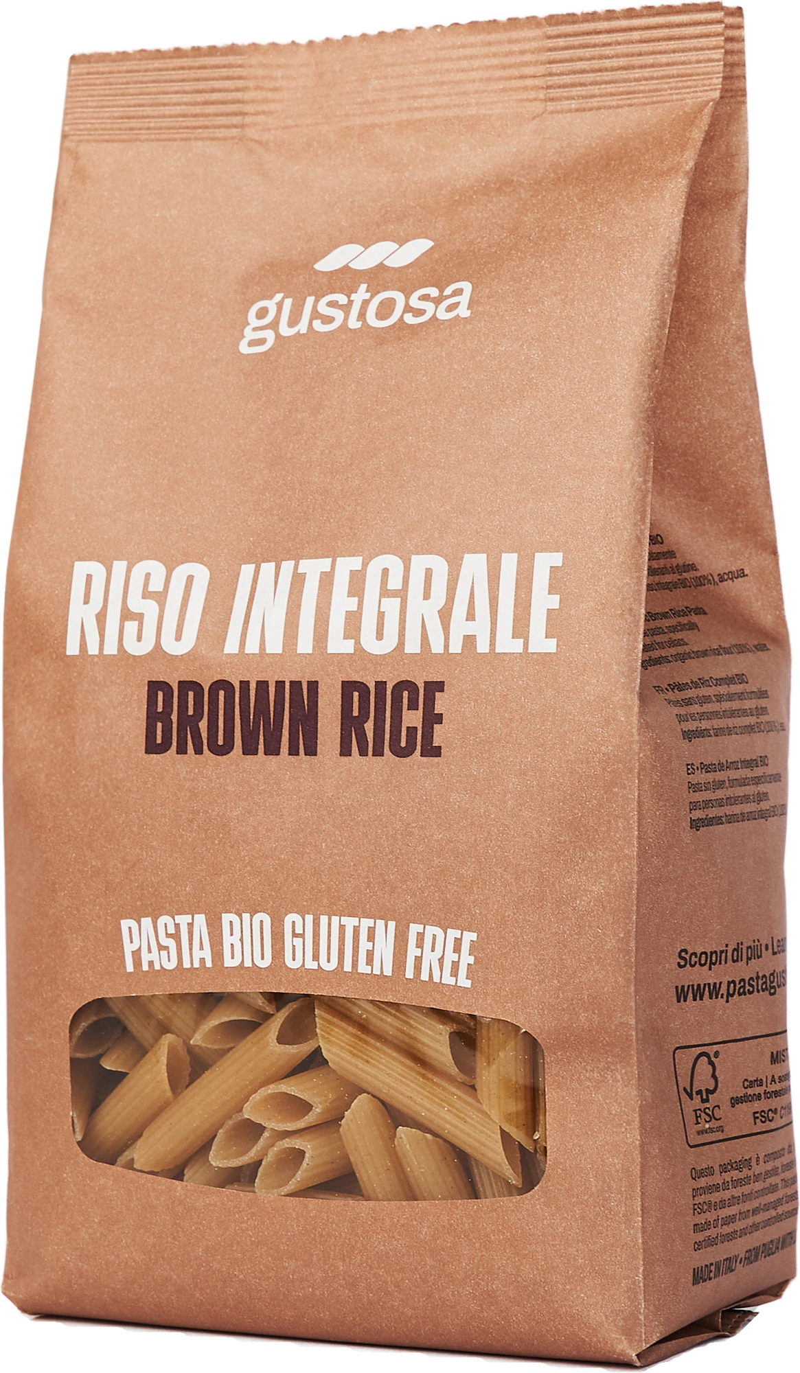 Pasta di Riso Integrale Bio senza glutine, pacco da 340 g visto di tre quarti