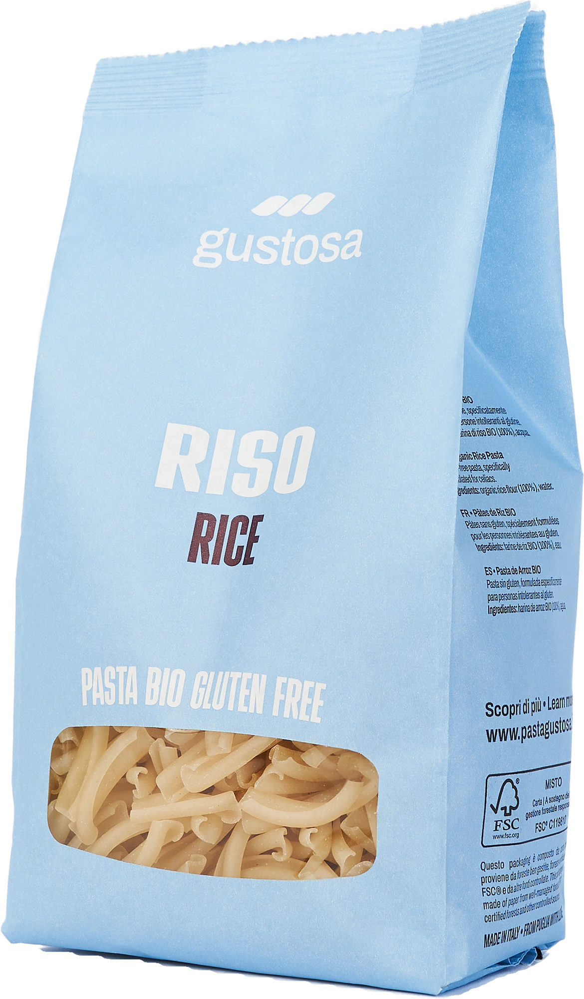 Pasta di Riso Bio senza glutine, pacco da 340 g visto di tre quarti
